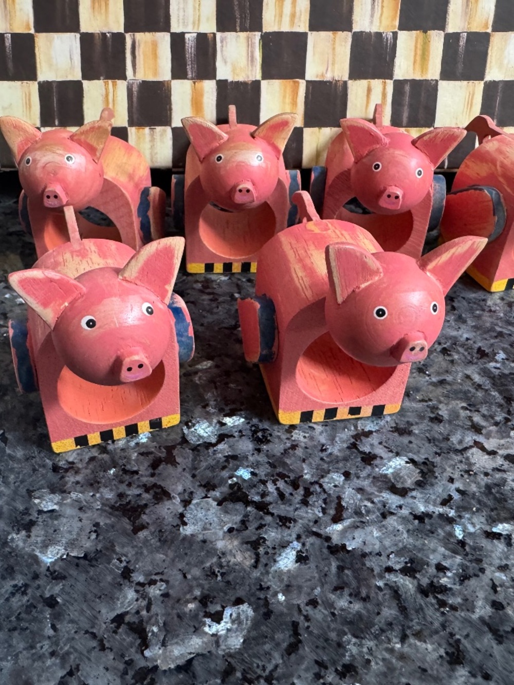 6 Cute Rare MacKenzie-Childs Wooden Animal Set of 6 Napkin Rings Pig  Piggies
